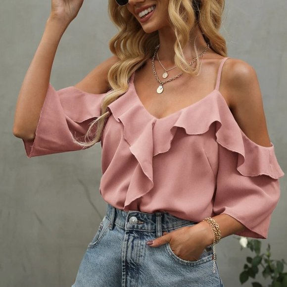 Ruffle Detail Cold Shoulder Blouse - pink ( more colors ) - Picture 2 of 5